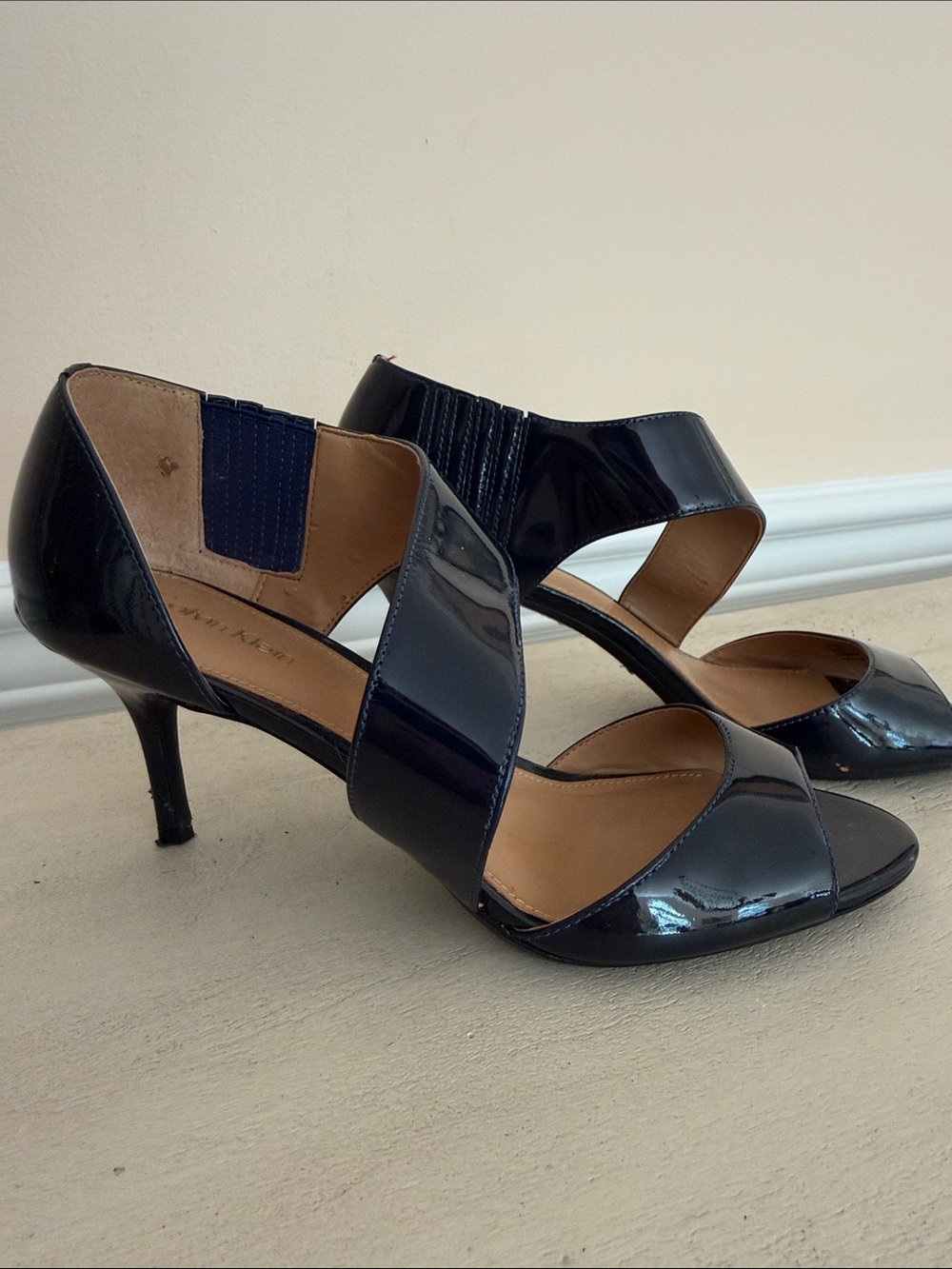 Calvin Klein Navy Patent Open-Toe Slingback Heels